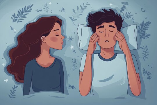 Disturbed man covering her ears with fingers to block out the loud snoring of wife sleeping nearby, depicting sleep disruption, top view, Generative AI