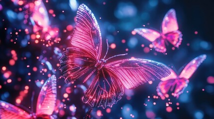 Glowing pink butterflies, night, sparkle, fantasy, art