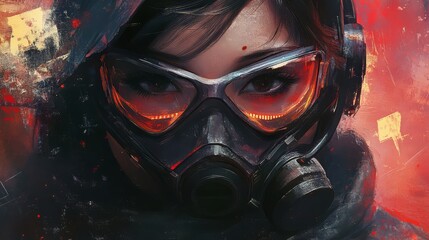 Futuristic warrior portrait with glowing goggles and a protective mask