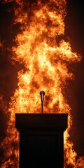 Obraz premium photo of a podium and microphone against a fiery backdrop. vertical size
