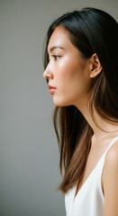 Fototapeta premium Profile of thoughtful young woman with long brown hair in white top