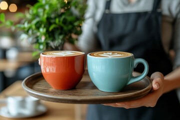 Fototapeta premium Waitress holding tray with coffee cups, serving hot aromatic brewed coffee drinks to couple visitors waiting at cafe table, Generative AI