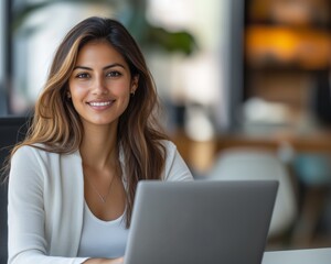 Professional woman working on a laptop in the office smiling warmly at the camera