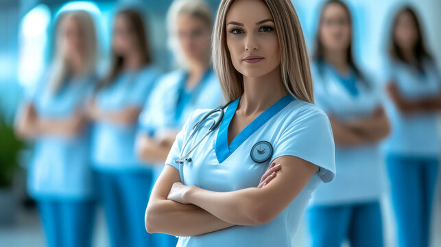 Group of medical doctors standing at hospital. Team of physicians ready to help patients. Medicine and health care concept