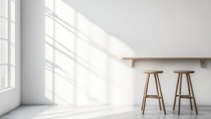 Minimalist Room Design: Wooden Stools at a Simple Shelf Against a White Wall bathed in Sunlight