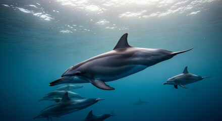 Group of dolphins swimming underwater in crystal clear ocean. Dolphin Awareness Month