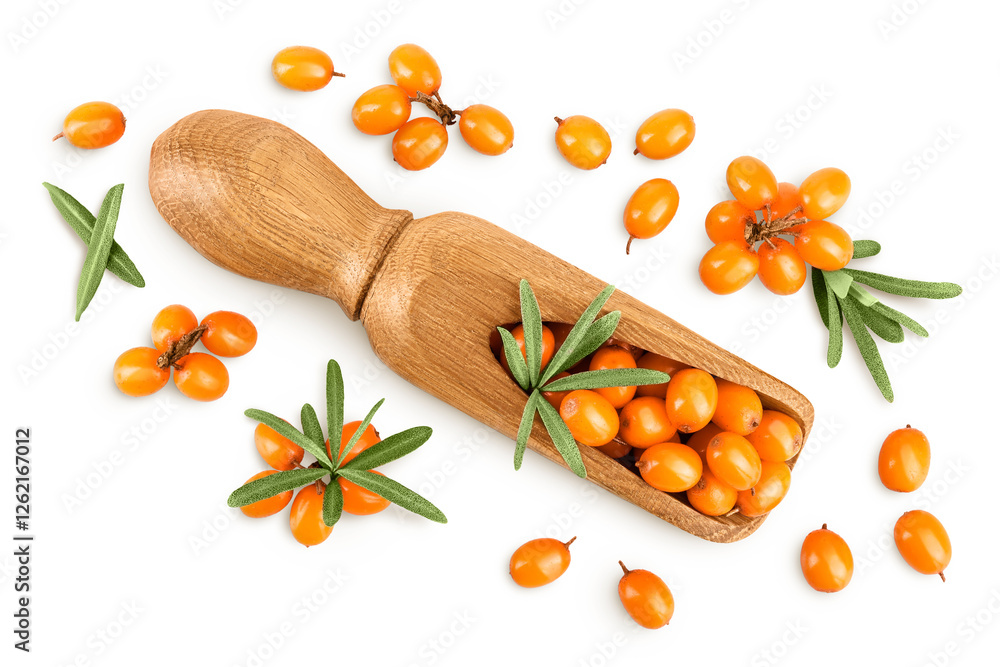 Wall mural Sea buckthorn in wooden scoop. Fresh ripe berry with leaves isolated on white background. Top view. Flat lay