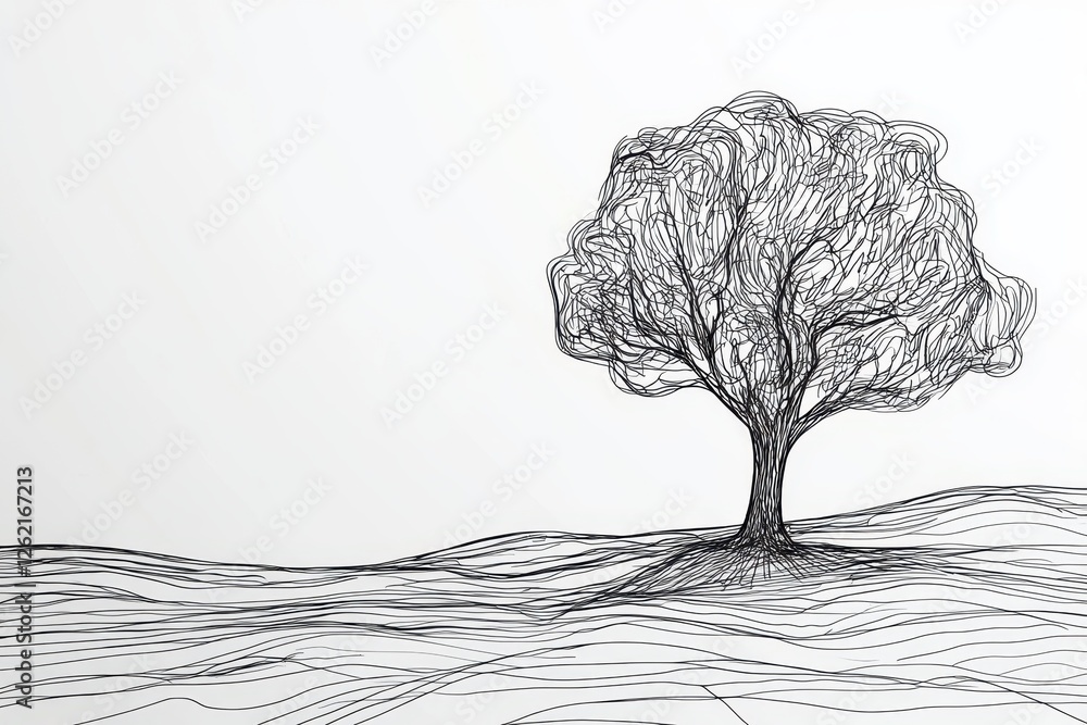 Poster intricate single line drawing of a tree on a minimalist white background with ample copy space, self