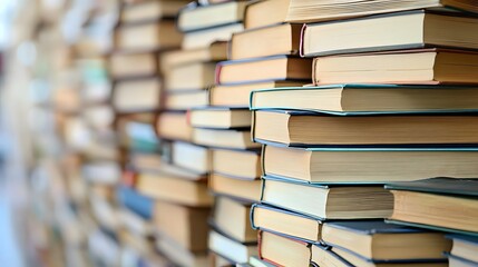 Stacked Books on Wooden Shelves with Clean Background for Text Placement