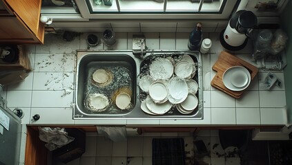 Kitchen sink overflowing with dishes, cluttered countertop, home interior