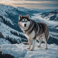 A breathtaking husky with icy blue eyes standing on a snowy cliff.