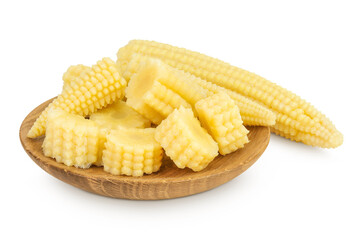 Pickled young baby corn cobs in wooden bowl isolated on white background