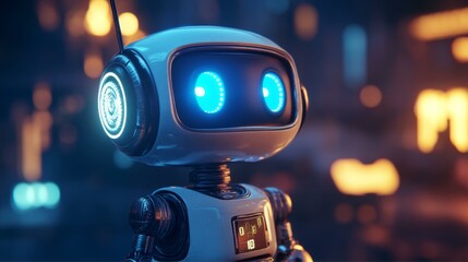 Future Tech Cute Robot Displaying Artificial Intelligence Power in SciFi City Environment Scene