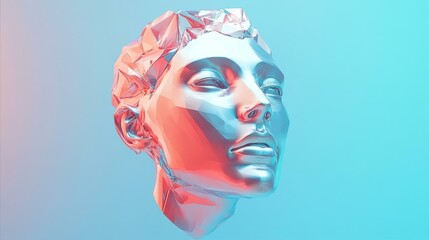 Geometric Head Sculpture with Neon Lighting Artistic Design and Abstract Background