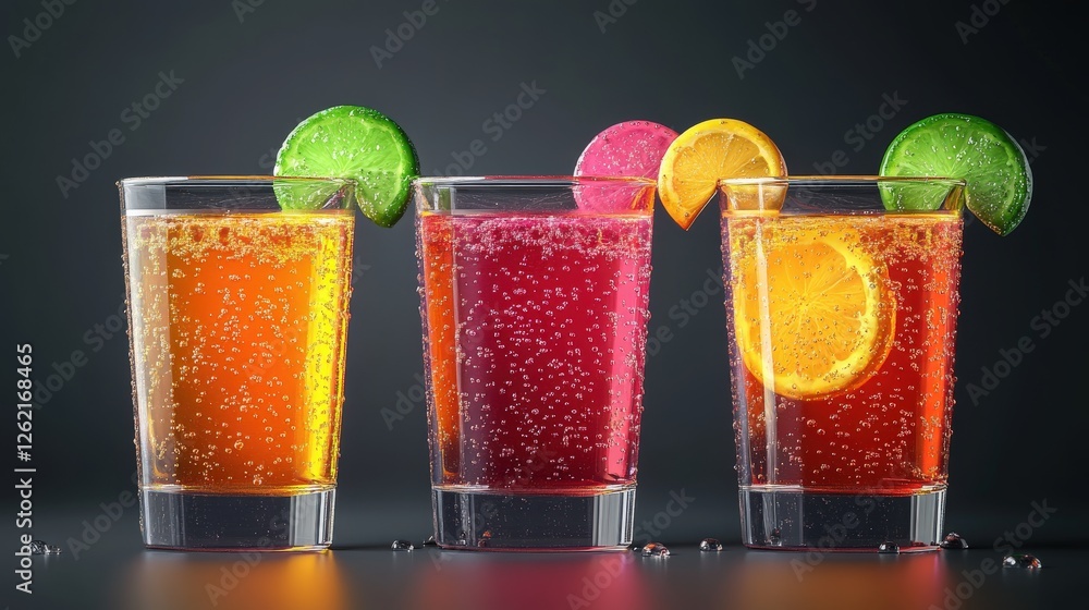 Poster refreshing sparkling drinks in colorful glasses with citrus slices on a dark background