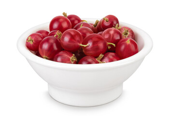 Red gooseberry in ceramic bowl isolated on white background with full depth of field.