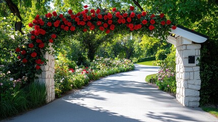 Obraz premium Red Rose Archway Over Garden Pathway