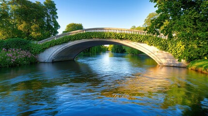 Stone Arch Bridge Over Calm River Amid Lush Greenery