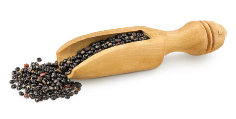 black quinoa in wooden scoop isolated on white background