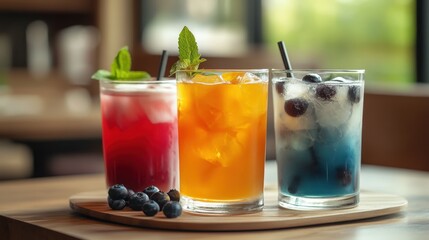 Refreshing assortment of colorful cocktails with fruits and herbs on a wooden table