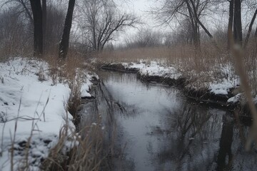 Views of a serene winter creek surrounded by snowy banks and leafless trees on a cloudy day, Wide, tilt shot on small creek