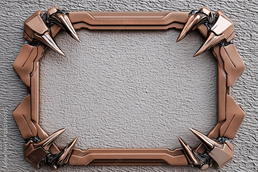 Poster robotic claw-like edges border a dynamic bronze 3d frame, showcased on a textured clean surface.