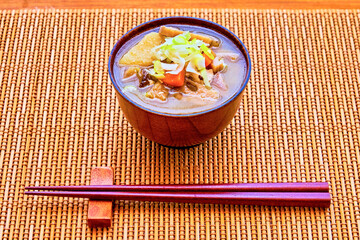 Japanese Vegetable Soup on Bamboo Placemat