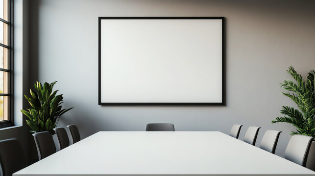 Modern office meeting room with empty whiteboard, long table, chairs, and plants, ideal for presentations.