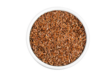 flaxseed in ceramic bowl isolated on white background. Top view. Flat lay