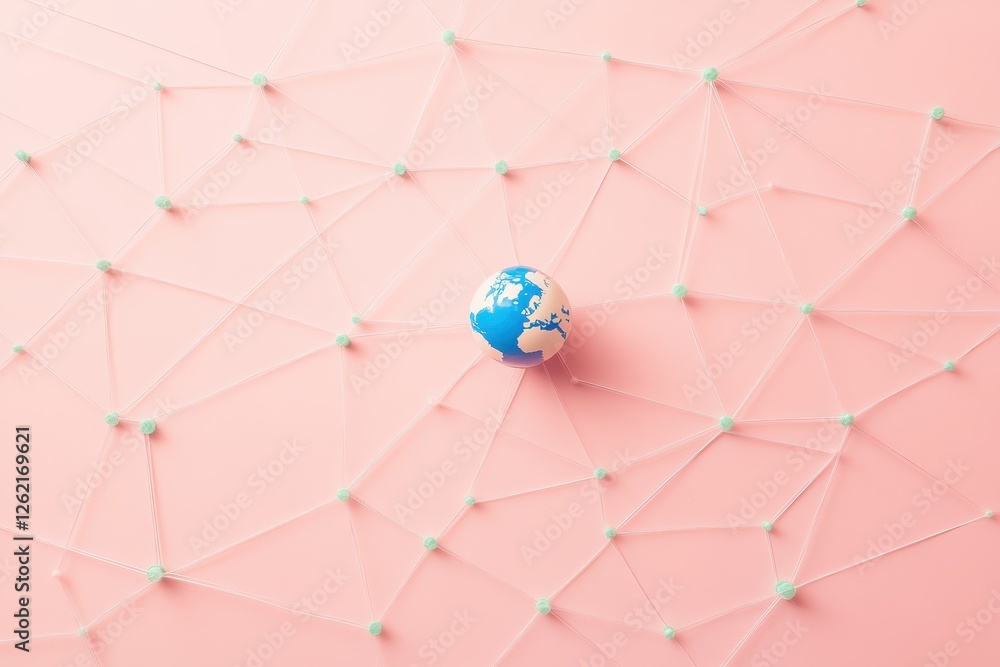 Poster global network connections represented by a globe on a soft pink background showcasing interconnecte