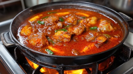Delicious Spicy Fish Stew Cooking on a Stovetop with Flames
