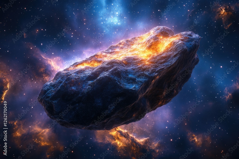 Poster a fiery asteroid hurtles through a cosmic nebula, glowing intensely against the backdrop of distant 