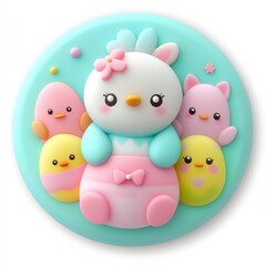 Cute Kawaii Easter Bunny with Colorful Chicks on Pastel Background