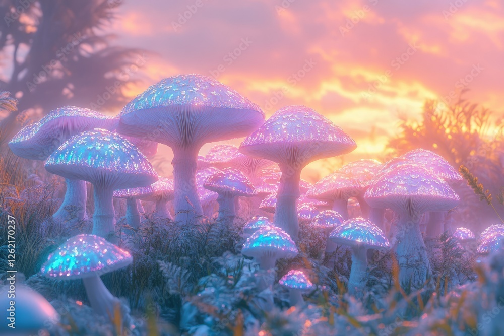 Poster glowing mushrooms illuminate a mystical forest at sunset, creating a surreal and enchanting scene.