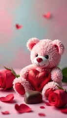 Pastel backdrop, teddy bear chocolates, red roses, Valentine's Day gift , bow, background, delicious