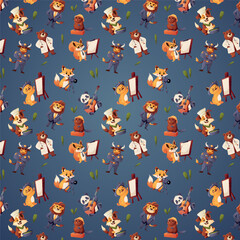 Bright seamless vector pattern featuring cute animals in various professions such as artist, police officer, musician, and more  
