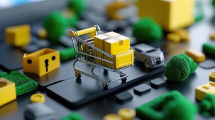 Obraz premium Shopping Cart Surrounded by Delivery Boxes and Green Landscapes