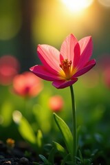 Naklejka premium Sunlight illuminates a single spring flower being carefully picked , renewal, pretty, blossom