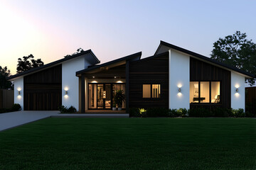 Obraz premium Australian Home with Dark Timber Cladding, White Walls, and a Grassy Yard at Night.