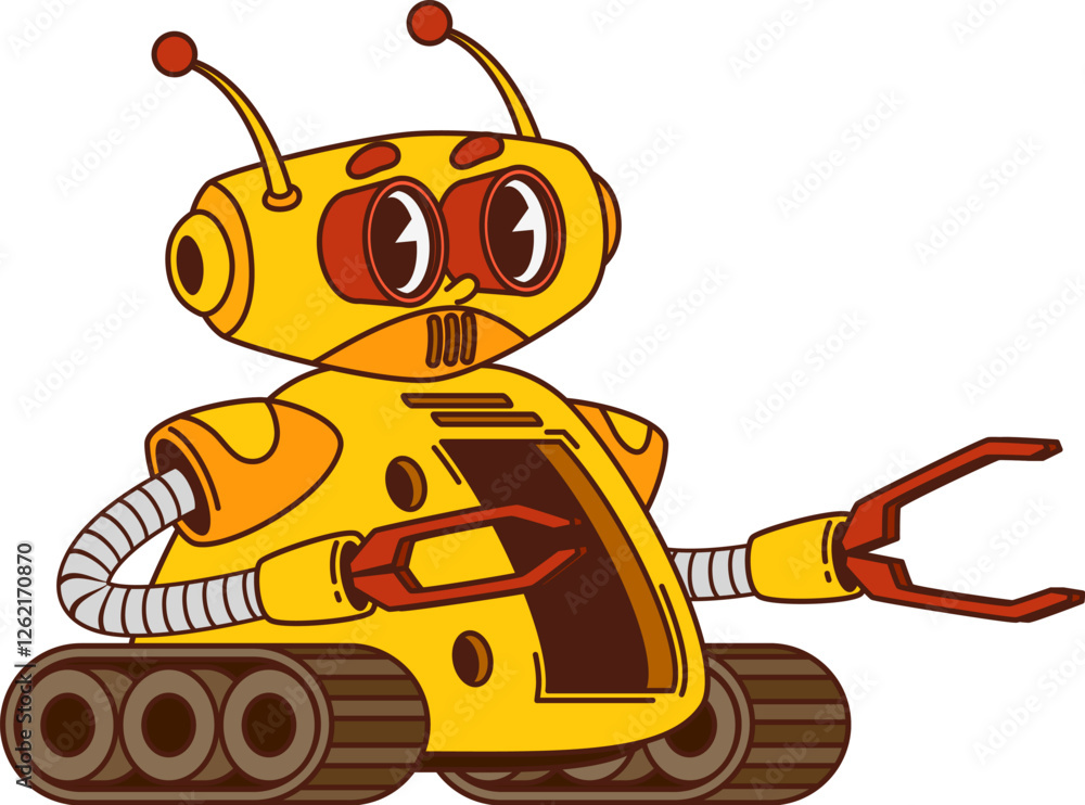 Leinwandbilder cartoon funny groovy robot or droid character on wheels, vector robotic bot. groovy robot or space r