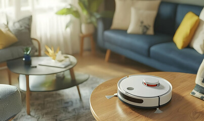 AI-powered robotic vacuum cleaning a modern living room with precision.