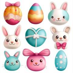 Collection of Cute Easter Bunny and Egg Icons in a Playful Cartoon Style