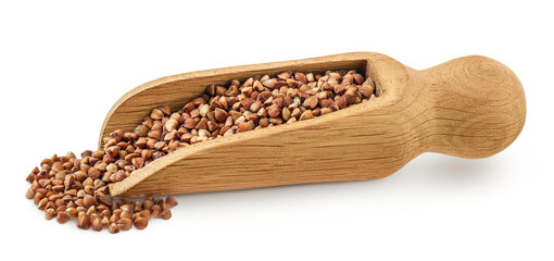 Raw buckwheat in wooden scoop isolated on white background