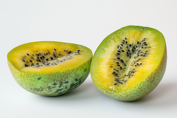 The Lush Interior of a Half-Cut Kiwi on a Pure White Surface.