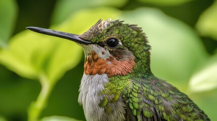 Fototapeta premium Hummingbird portrait, green foliage background, wildlife photography, nature