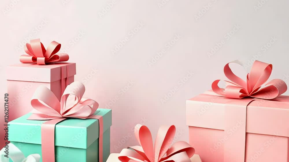 Poster a stack of pink, blue, and green boxes with bows on top. the boxes are arranged in a row