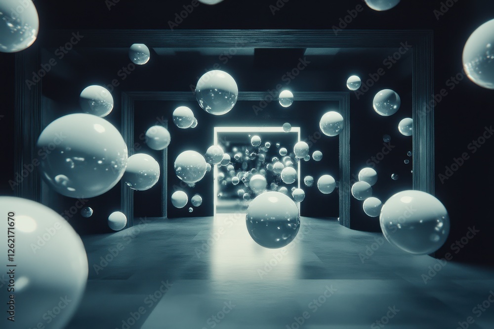 Poster dynamic floating orbs populate a mysterious room in a captivating visual experience, camera pushes i