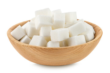 Sugar cubes in a wooden bowl isolated on white background