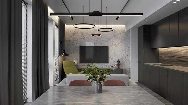 Luxurious open plan studio apartment with modern furnishings. 3d render