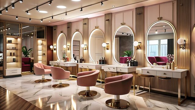 Luxurious hair salon interior with elegant styling stations - Powered by Adobe